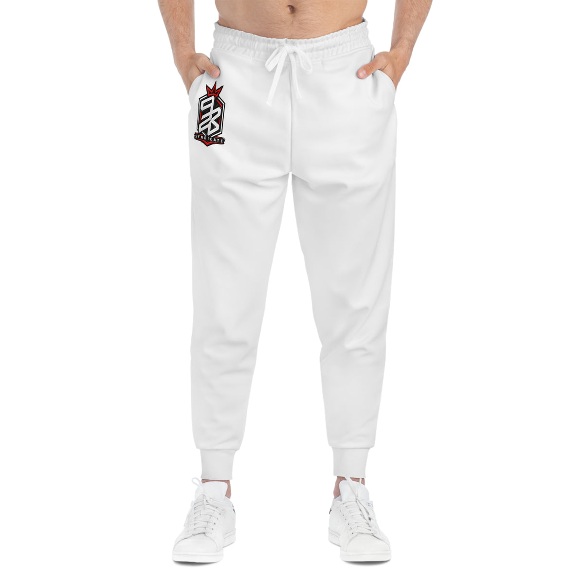 White Athletic Joggers with Red Crown Logo — Casual Sportswear Sweatpants